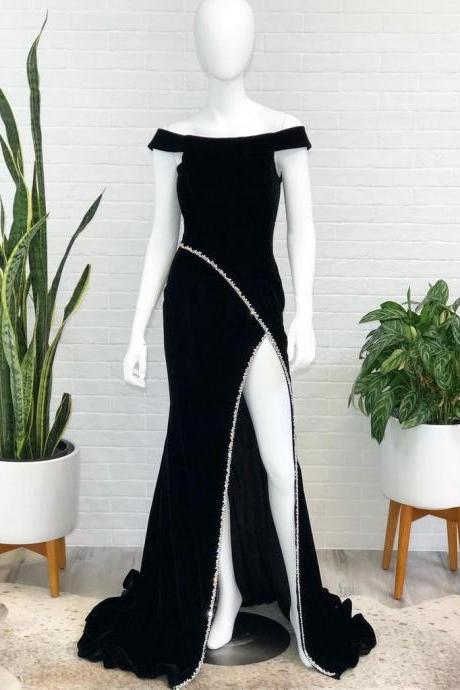 Elegant Velour Off-the-shoulder Neckline Slit Shining Prom Dresses,PL0603