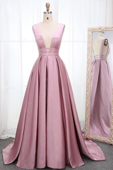 Chic Satin Prom Dress, A Line V Neck Long Formal Dress,pl0642