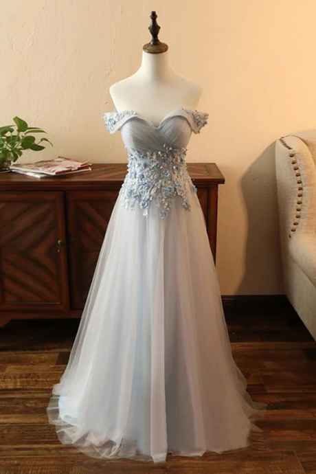Gray Off-the-shoulder Vintage Prom Dress Applique Formal Gowns,pl0649