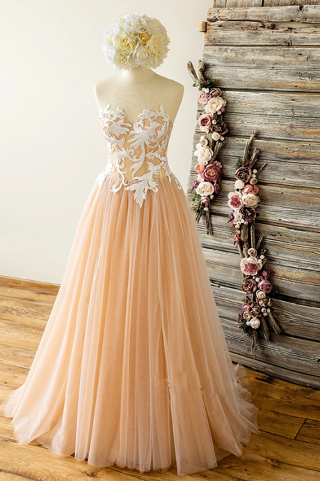 A Line Tulle Sweetheart Lace Long Prom Dress Formal Dress,pl0652