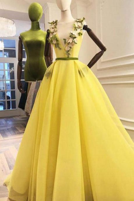 Yellow A Line Prom Dress African V Neck Prom Dress ,pl0663