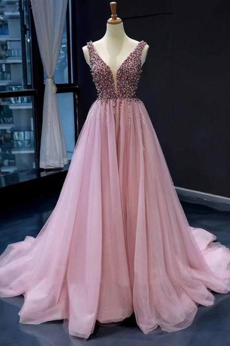 Chic Pink Prom Dress V Neck Beading Vintage Prom Dress,pl0672
