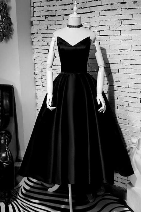 Black Satin Prom Dress Plus Size Asymmetrical Vintage Sweetheart Prom Dress ,pl0682