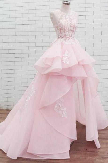 Ball Gown Pink Prom Dress Plus Size Asymmetrical Lace Prom Dress ,pl0685