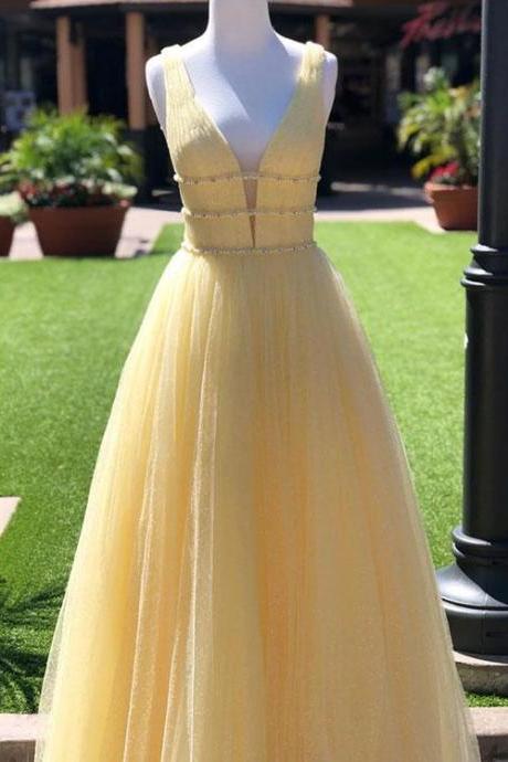 Chic Yellow Tulle Prom Dress Vintage African Long Prom Dress,pl0694