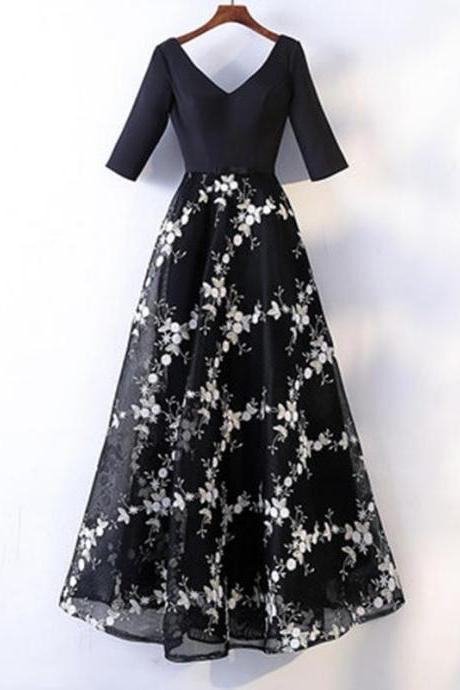 Black V Neck Prom Dress With Sleeve Prom Dress,pl0703
