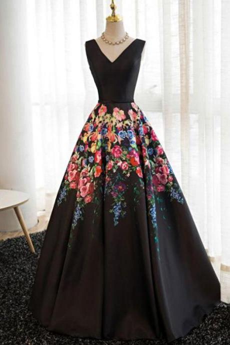 Vintage Prom Dress Party Wear Black Floral Long Prom Dress,pl0707