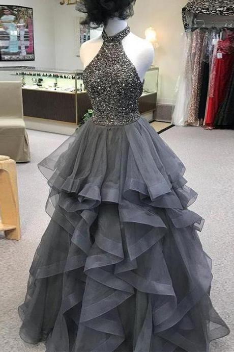 A Line Prom Dress High Neck Silver Long Prom Dress,pl0714
