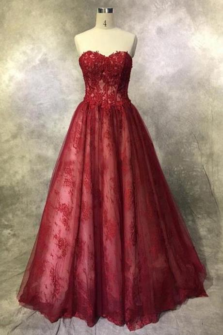 A Line Burgundy Prom Dress Modest Beautiful Long Lace Prom Dress,pl0729