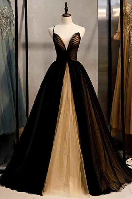Elegant Halter Balck And Champagne Tulle Prom Dress,pl0733