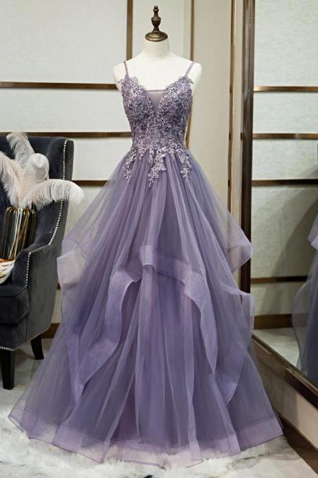 Spaghetti Straps Appliqued Lavender Long Prom Dress,PL0739
