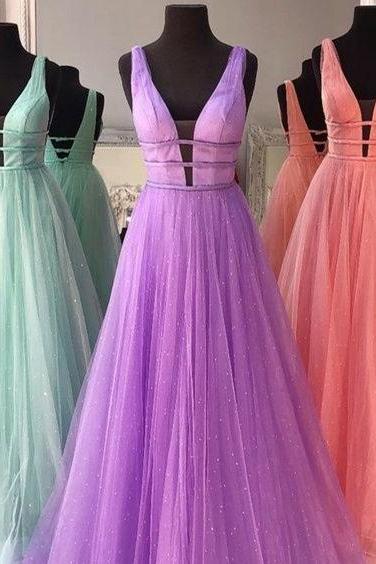 Elegant A-Line Tulle Beaded Long Prom Dress,PL0745