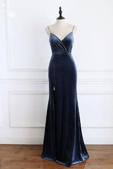 Mermaid V-Neck Ink Blue Velvet Long Prom Dress,PL0750