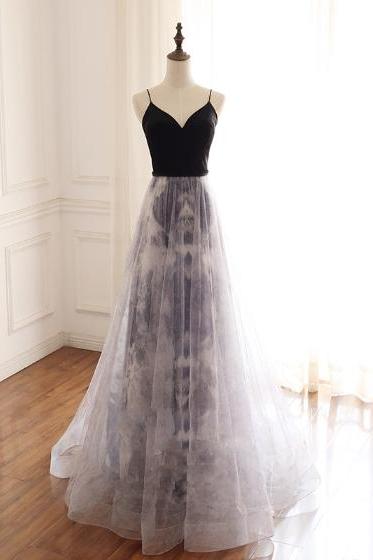 Glitter V-neck Black Velvet Top Long Prom Dress,pl0751