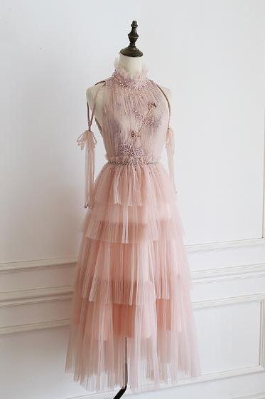 Pink Ruffle Stand Collar Tulle Long Formal Dress,pl0760