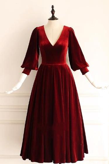 Vintage Style Burgundy Velvet Party Dress,pl0761