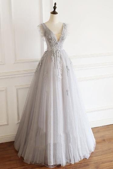Light Grey Lace Tulle Long Prom Dress With Appliques,pl0762
