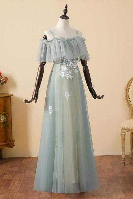 Dusty Blue Lace Appliqued Tulle Long Prom Dress,pl0773