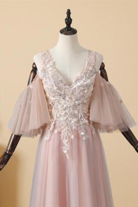 Blush Pink Lace Appliqued Long Prom Dress,PL0775