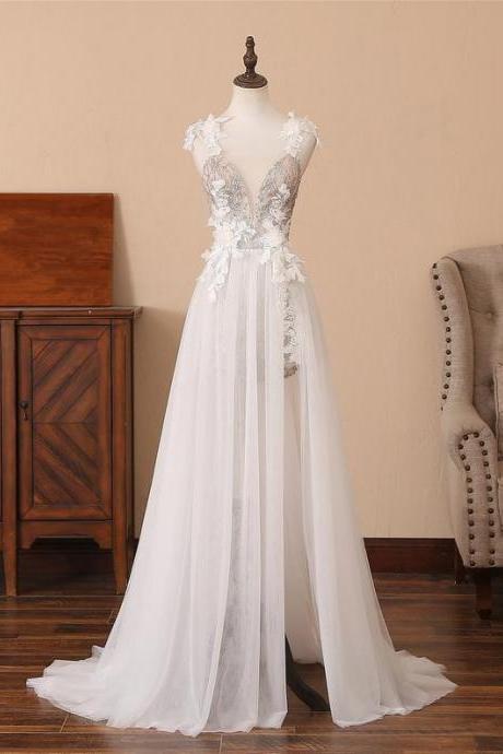 Ivory Tulle Applique Long Formal Dress,PL0778