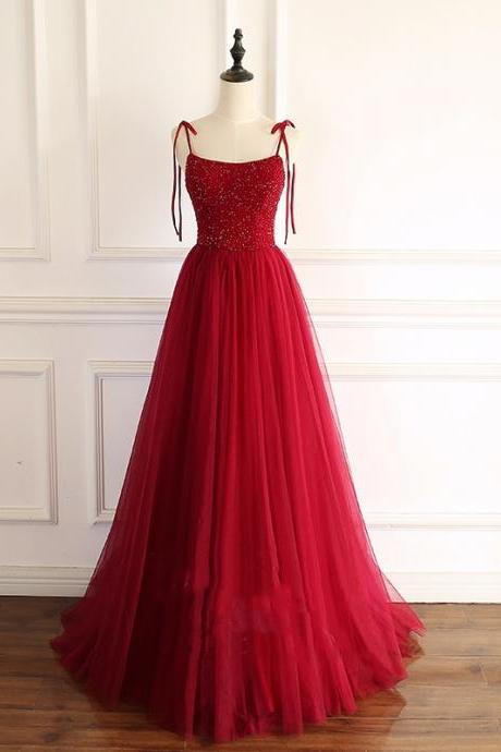 Red A-line Tulle Long Formal Dress with Tie Straps,PL0785