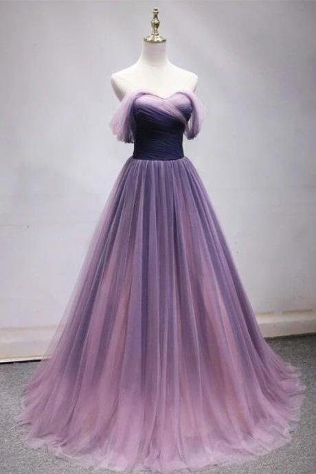 Ombre Purple Off the Shoulder Tulle Long Formal Dress,PL0788