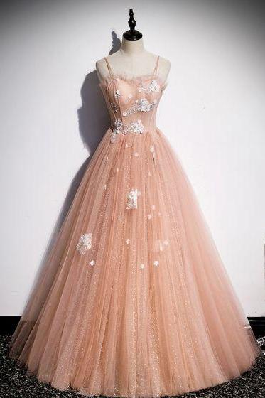 Peach Tulle Long Prom Dress With 3d Flowers,pl0792