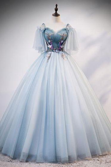 Turquoise Tulle Ball Gown With Beaded Bird,pl0794
