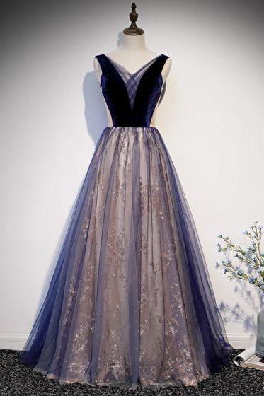 Navy Blue Sparkle Long Evening Dress With Velvet Bodice,pl0795
