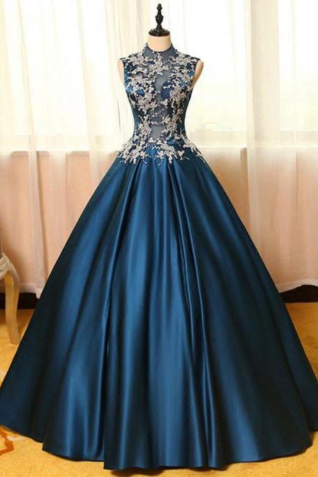 Ball Gown High Neck Floor-length Sleeveless Elastic Woven Satin Prom Dress/Evening Dress,PL0813