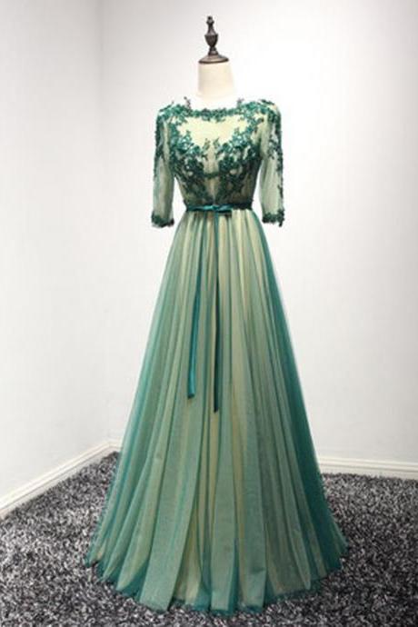 A-line Bateau Floor-length 3/4-length Tulle Prom Dress/evening Dress ,pl0836