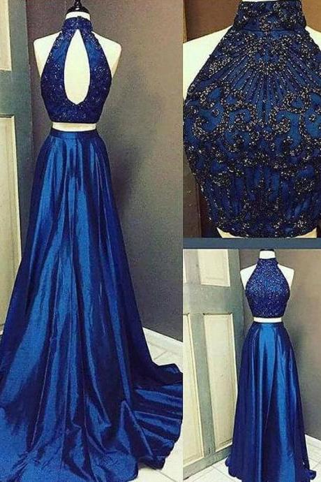 Two Piece Prom Dress High Neck Brush Train Royal Blue Long Prom Dress/evening Dress,pl0844