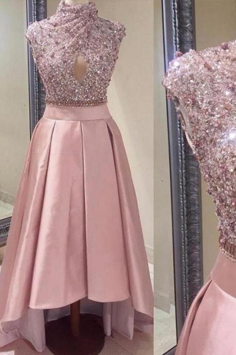 Pink Prom Dress High Neck Asymmetrical Sequins Prom Dress/evening Dress,pl0849