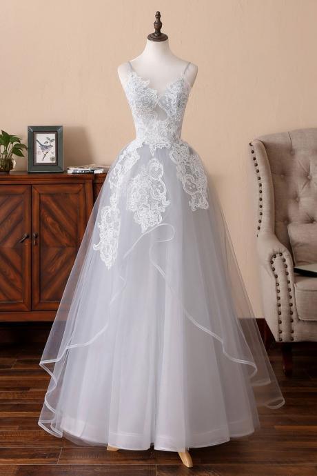 Grey Straps Unique Style Formal Dress, Tulle With Lace Long Gowns,pl0868