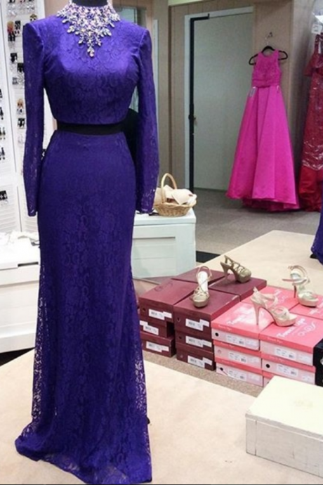 Custom Made Purple Prom Dress,two Pieces Evening Dress,beaded Party Gown,long Sleeves Pegeant Dress,pl0869
