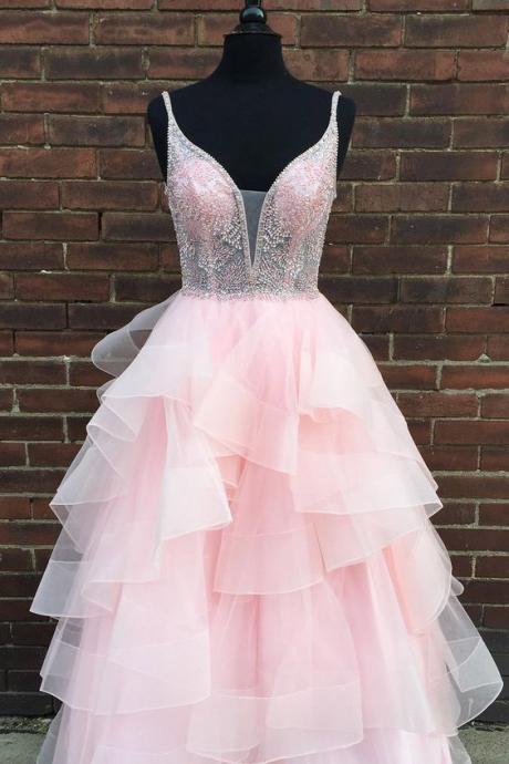 Ruffles Beaded Long Pink Prom Dress,pl0875