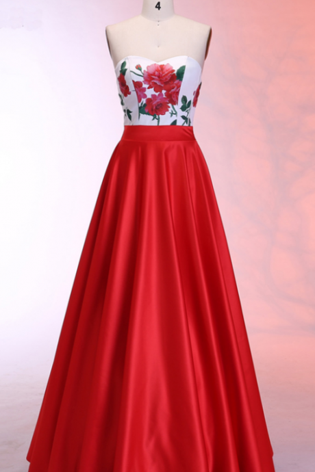 Red Satin Strapless Long A Line Floral Evening Dress, Prom Dress,pl0876
