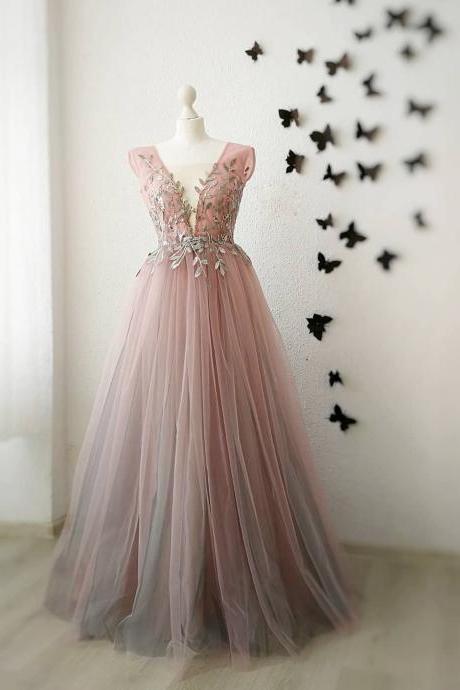V Neck Applique Prom Dress, A Line Prom Dress,pl0880
