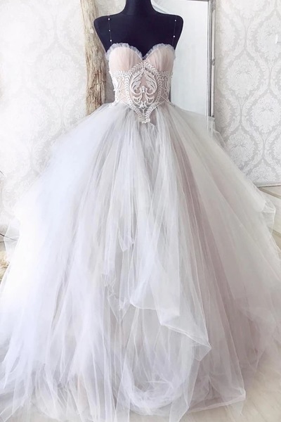 Sweetheart Neck Light Gray Tulle Strapless Long Lace Ball Gown, Evening Dress,pl0881