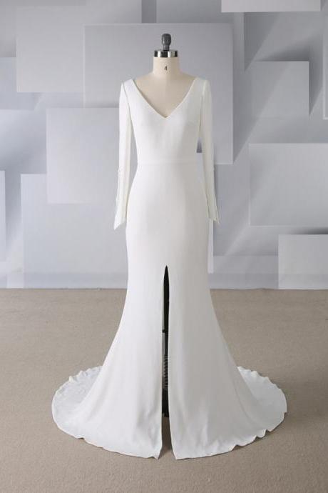 Simple Elegant V-neck Without Back Was Thin Sexy Front Fork Angled Buckle Mermaid Wedding Dress,pl0884