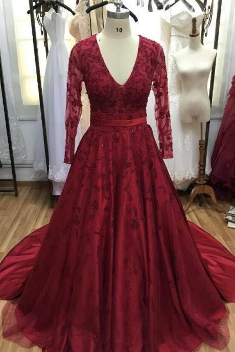 Simple Wine Red Long-sleeved V-neck Prom Dress, Evening Gown,pl0884