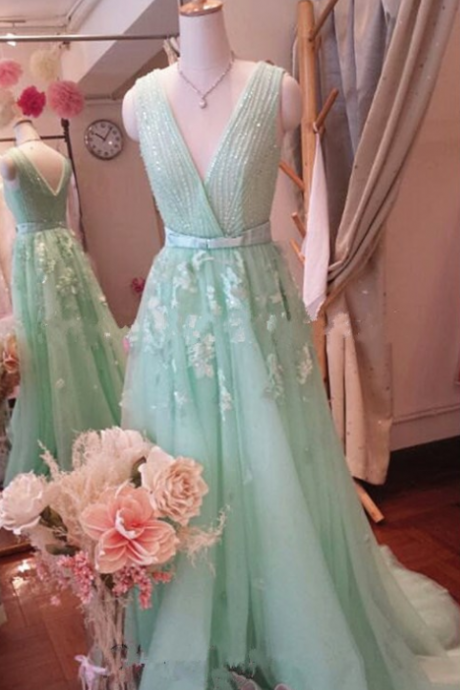 Custom Made Mint Green Chiffon Prom Dress,appliques Evening Dress,v-neck Party Dress,chiffon Prom Dress,pl0886