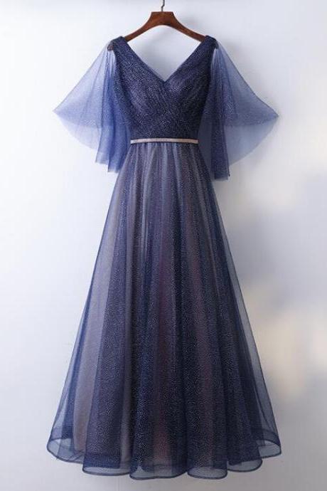 Sexy A Line V-neck Dark Blue Long Prom Dress Plus Size Women Party Gowns , Evening Dress,pl0888