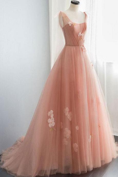 Pink Sweetheart Neck Tulle Long Prom Dress, Pink Evening Dress,pl0892