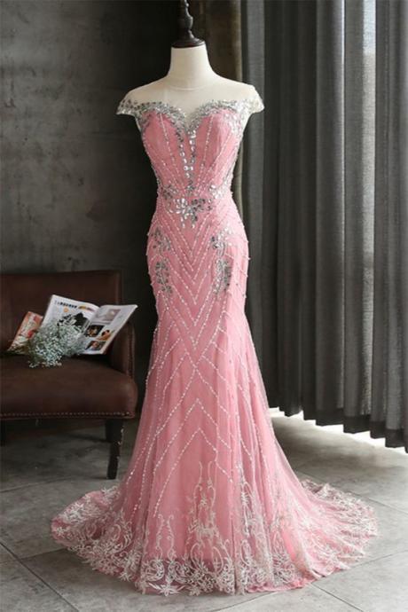 Pink Tulle Shinny Beaded Long Mermaid Evening Dress ,pl0893