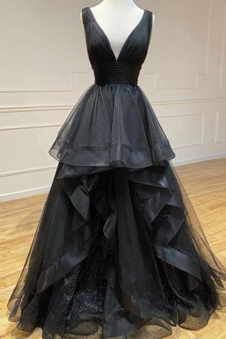 Black V Neck Tulle Long Prom Dress Evening Dress ,pl0895
