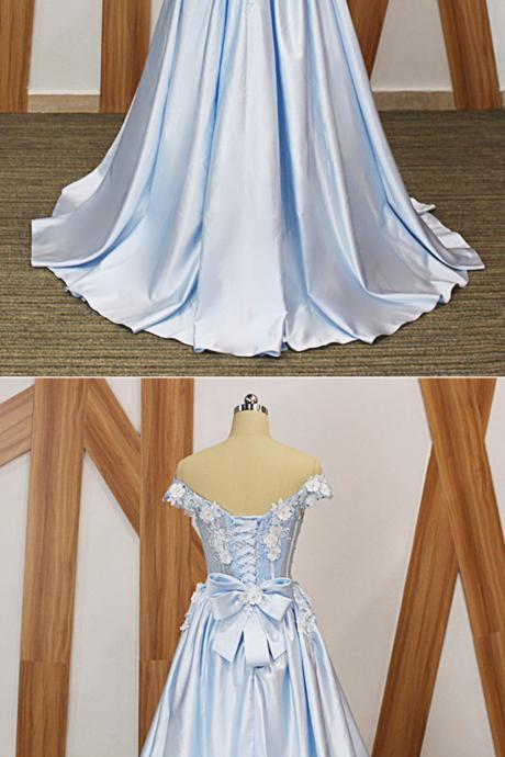 Baby Blue Satin Off Shoulder Long Sweetheart Senior Prom Dress With Applique,pl0899