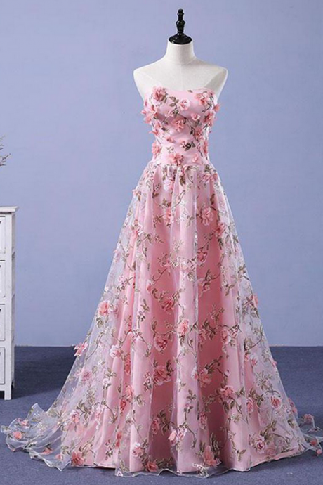 Pink Prom Dresses A-line Sweetheart Sweep Train Floral Print Long Lace Prom Dress,pl0903