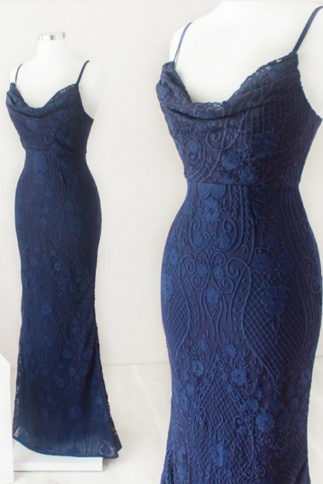 Mermaid Spaghetti Straps Navy Blue Bridesmaid Party Dress,pl0905
