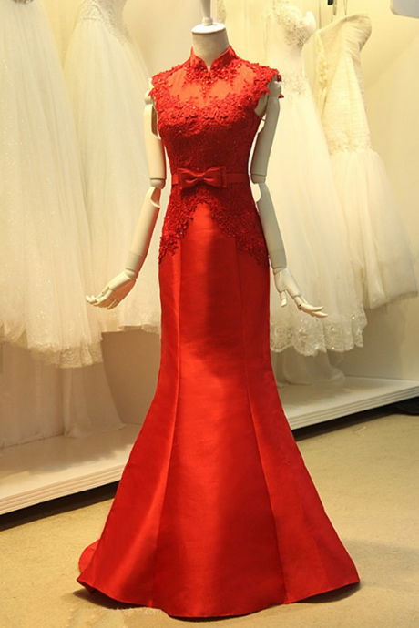 Elegant Mermaid Evening Dresses, Applique Beading Red Dress,high Neck Cap Sleeves Dress,illusion Back Long Prom Dress, Party Formal Gown,pl0906